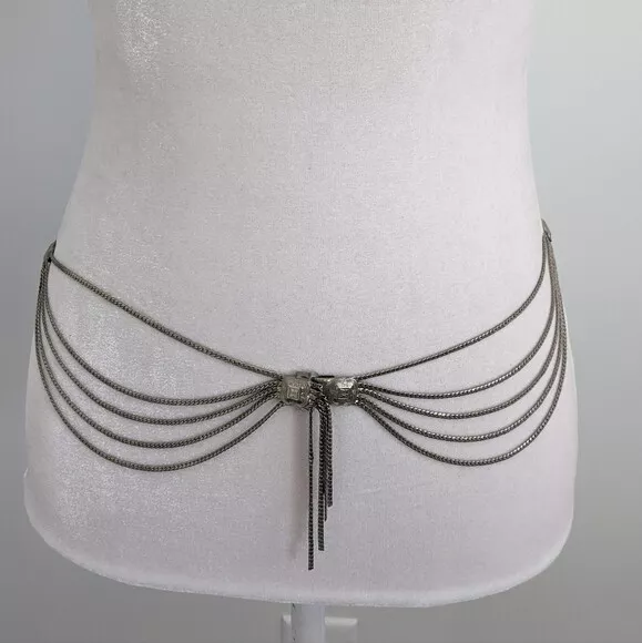 Christian Dior Vintage Argent Multi Brins Drapé Chaîne Hanche Ceinture Concho Glands 