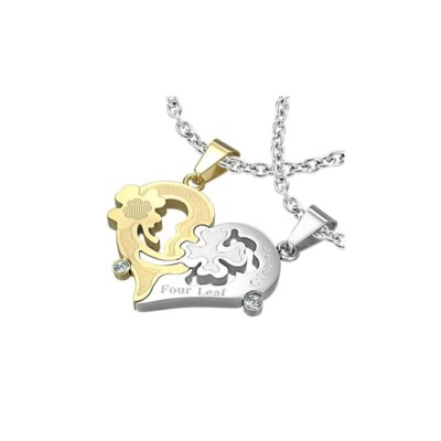 2 Pendants Secable Heart Clover +2 Chains Man Woman Couple Steel Gold Plated