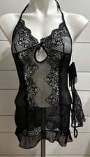 Chemise G String Set Black Sheer Lace Halter NEW Size Small/Med By Exposed