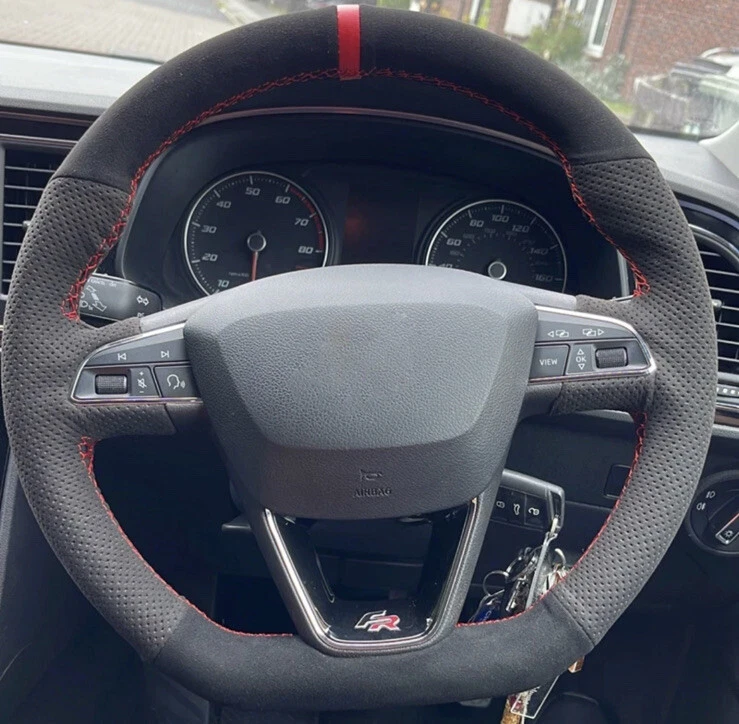 Seat Leon Cupra R FR Suede Leather Steering Wheel Cover Self Stitch Red Black