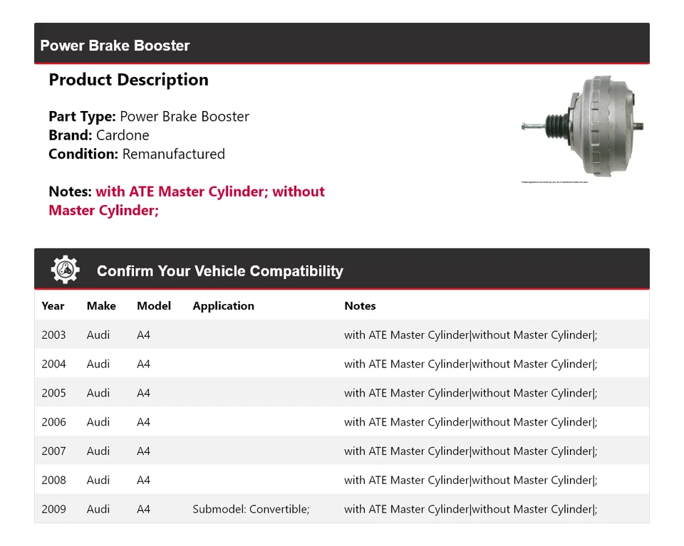 Para Audi A4 2003-2009 Power Brake Booster Cardone 2004 2005 2006 2007 2008 Foto 2 de 4
