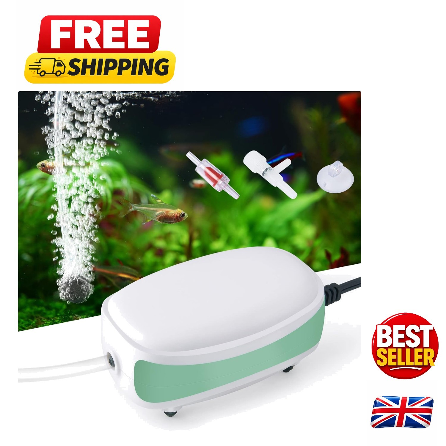 Single Outlet Aquarium Aerator - Quiet Mini Pump for Fish & Hydroponics