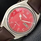 VINTAGE SEIKO 5 AUTOMATIC 7009A JAPAN MENS ARABIC RED COLOR DIAL WATCH a702665-1