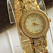 Elgin Watch Women 21mm Gold Tone MOP Pave Crystals Bezel New Battery 7.5-8"