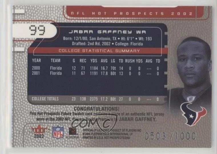 2002 Fleer Hot Prospects Future Swatch /1000 Jabar Gaffney #99 Rookie RC - Image 2 of 2