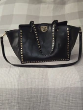 BCBG Paris Black Gold Studded Tote Handbag Shoulder Crossbody Bag Buckle