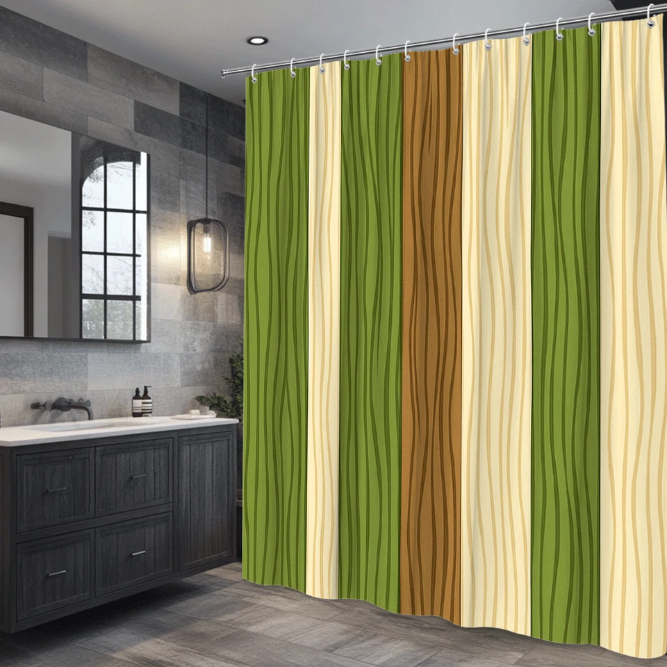 Cortina de ducha a rayas verdes y marrones para decoración de baño Foto 4 de 4