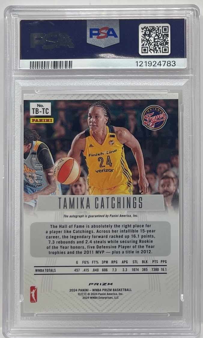 Tamika Catchings 2024 Panini Prizm WNBA Throwback Signatures Gold Auto /10 PSA 9 view 2