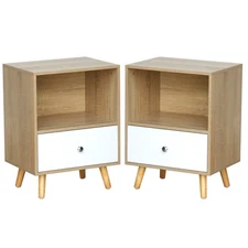 Modern Nightstand Set of 2, Wood 4-Leg with Drawer & Ample Open Storage Each