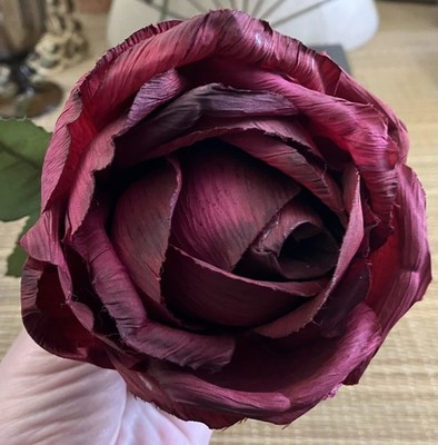 Vintage French 90's Artificial Dark Red Cabbage ROSE Flower w/ Leaves, Long Stem