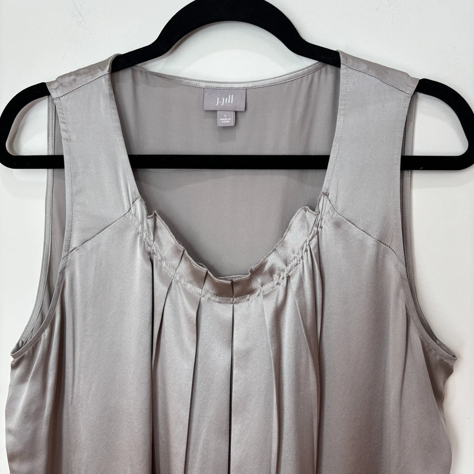 J Jill 100% Silk Gray Taupe Tank Top Women L Pleated Satin Career Feminine Luxe - Image 2 of 4