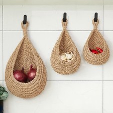 3X Boho Woven Vegetable Fruit Baskets Wall Hanging Storage Jute Pouch Organizer