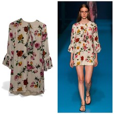 GUCCI Floral Bee Silk Mini Dress Pleated Front Long Sleeve IT 38 US 2 EUC