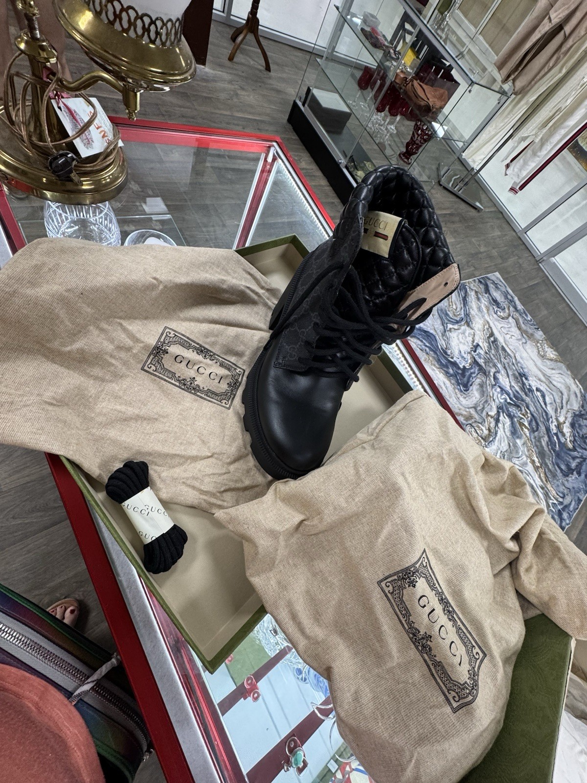 Gucci Black Quilted Logo Lace-Up Leather Combat Boots Snake Accent Women thumbnail 5