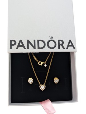 New 100% PANDORA 14K Golden Elevated Heart Earrings + Necklace Jewelry Gift Set