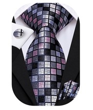 Hi-Tie Mens Plaid Ties Classic Paisley Necktie with Handkerchief Cufflinks Set B