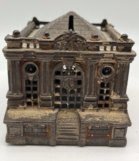 1887 J & E Stevens Co. “Roof” Bank Cast Iron “Home Savings” 3 X 3 X 3.5”