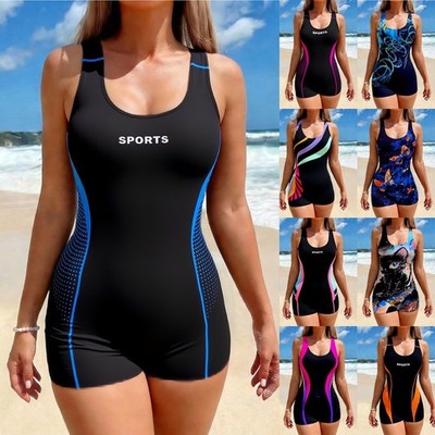 Women Boyleg One Piece Sports Swimsuit U Neck Athletic Training Bathing Suit