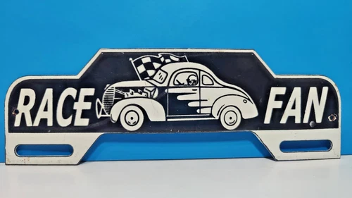 Vintage RACE FAN Porcelain Enamel Metal License Plate Topper sign 12" x 4" Inch