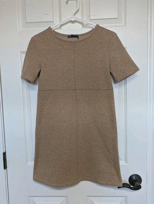 Zara Womens Camel Short Sleeve Knit Mini Sweater Dress S Neutral Quiet Luxury 