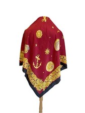 Vintage Nautical Silk Scarf Red and Gold Anchor Sun Print Luxury A8