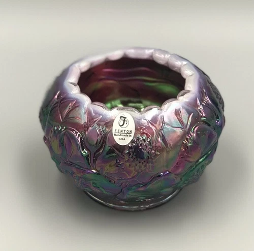 Fenton Glass Carnival Iridescent Plum Purple Amethyst Water Lily Rose Bowl Vase
