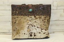 Paige Wallce Acid Washed Cowhide Cafe Tote W/hand Tooled Top & Turquoise Stone