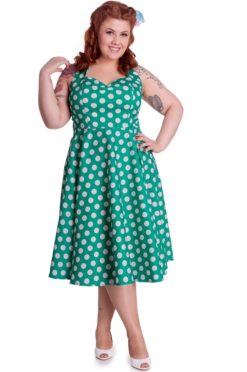 hell bunny green polka dot dress Hell Bunny Marian Green and White Polka Dot Halter Flare Party Dress