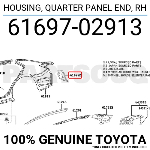 6169702913 Genuine Toyota HOUSING, QUARTER PANEL END, RH 61697 