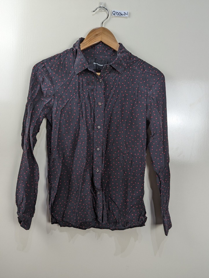 Reformation Black Silk Red Micro Polka Dot Long Sleeve Button Up House Size S