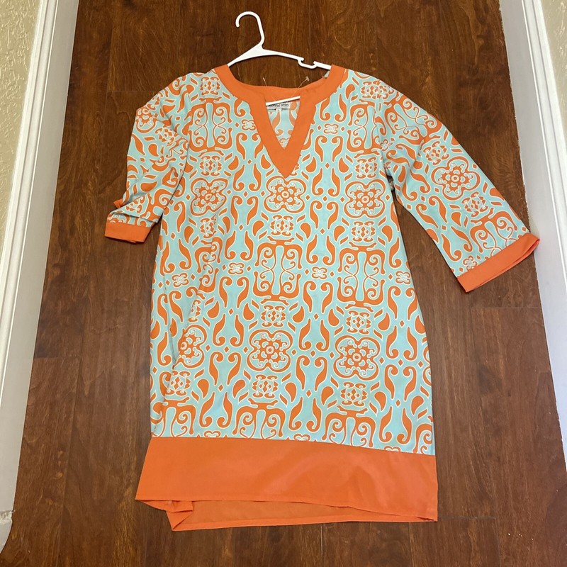 Buckhead Betties tunic Dress Coastal Resort White Aqua Coral Long Sleeve Sz Lg