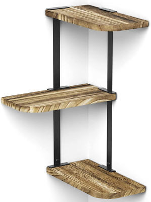 Corner Shelf Wall Mount of 3 Tier Rustic Wood Floating Shelves, Carbonized Black