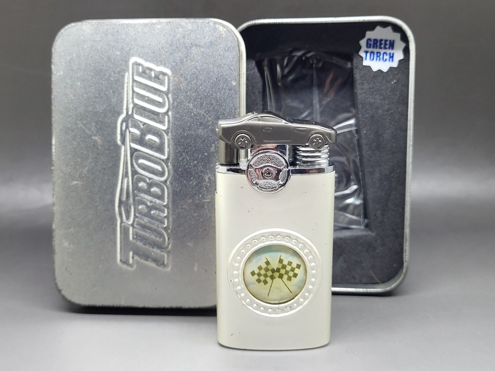 Turbo Blue Torch Lighter Race Car Crossed Finish Line Flags in Tin Case NIB