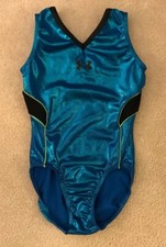 EUC Womens Under Armor Blue/Black Metallic Gymnastics Leotard Sz AXS