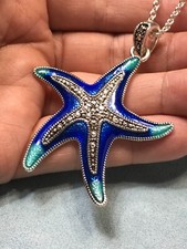 Silver Tone with Blue  Green Enamel Summer Starfish Pendant Necklace 20"
