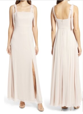 Dessy Tie Shoulder Chiffon A-Line Gown Dress Side Slit Cameo Bridesmaid  Size 2R | eBay