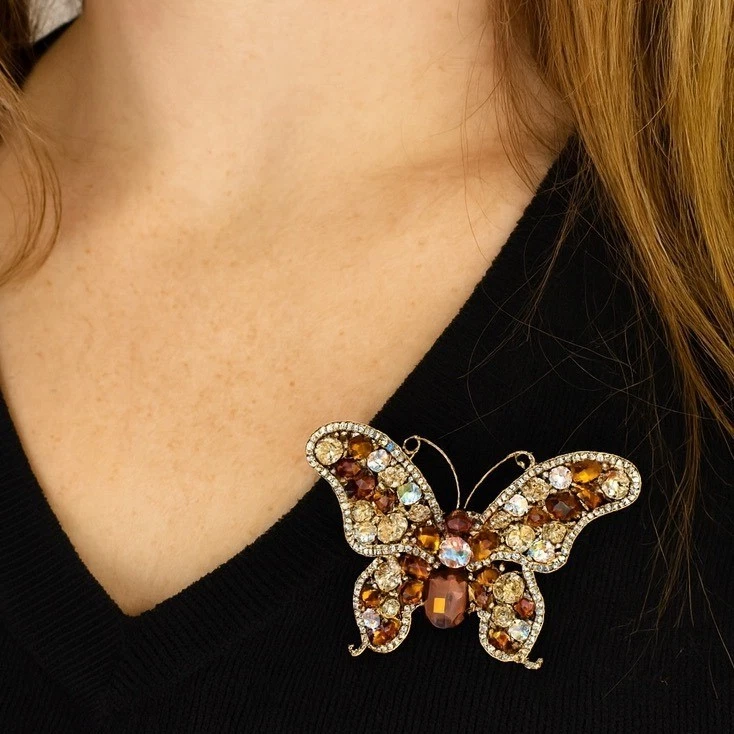 Broche/alfiler mariposa vintage ámbar estrás tono dorado aurora boreal brillante Foto 2 de 4