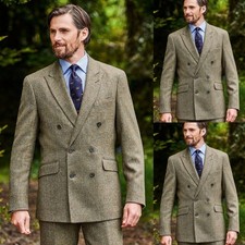 Herringbone Men's Suits 2Pcs Peak Lapel Coat Tweed Vintage Casual Wear Blazer