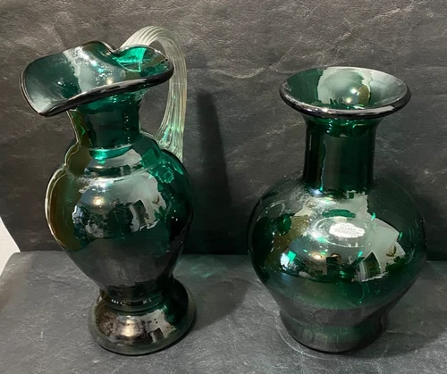 elegant GREEN GLASS pitcher 8" vase lot of 2  Blenko Randcraft 304-7