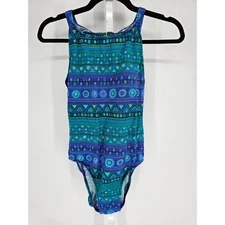 Sostanza Womens Sz 12 One Piece Swimsuit Green Blue Aztec Print Vintage 