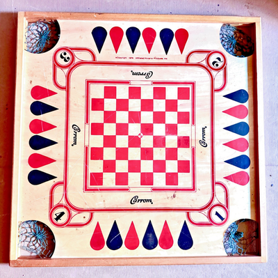1970 vintage double-sided Carrom Game Board 26x26x2 model no. 108
