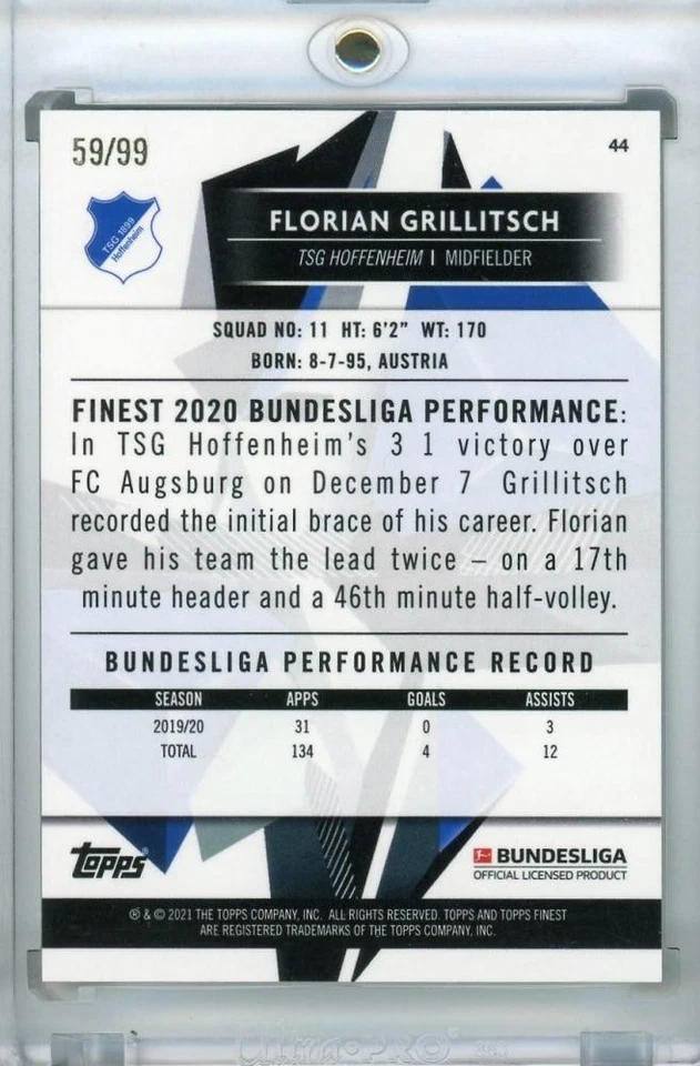 2020-21 Topps Finest Hoffenheim Florian Grillitsch Green Wave /99 Card - Image 2 of 2