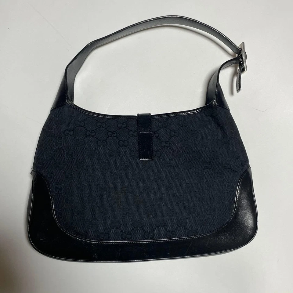 GUCCI GG Jackie Bolso de Hombro Bolso de Mano Bolso de Lona Cuero Negro Auténtico Foto 2 de 4