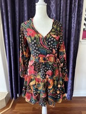 Farm Floral Black & Colorful Print ‘Wrap Look’ Mini Dress Bottom Ruffle Size P