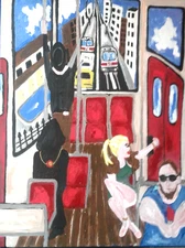 Original painting of TTC buses with people 3D bright art colorful 18x24 by me PB