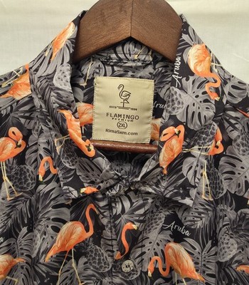 Flamingo Premium Mens Shirt 2XL Rima Elite Rayon Hawaiian Black Orange Aruba
