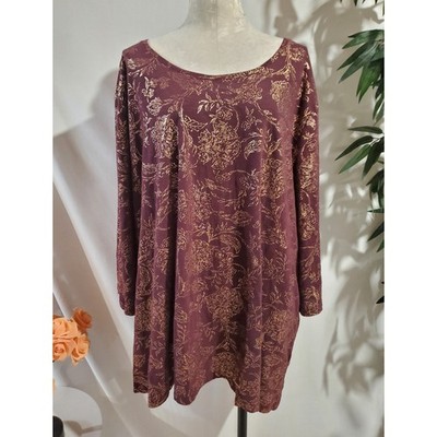 Catherines Floral Shiny Gold Burgundy Scoop Neck Top Plus Size 5X 34/36W Casual