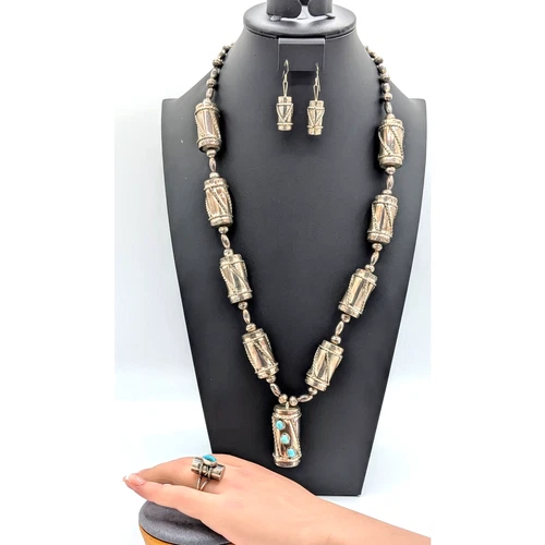 VTG Clyde Woody Navajo Sterling Silver Turquoise Drum Necklace Earring Ring Set