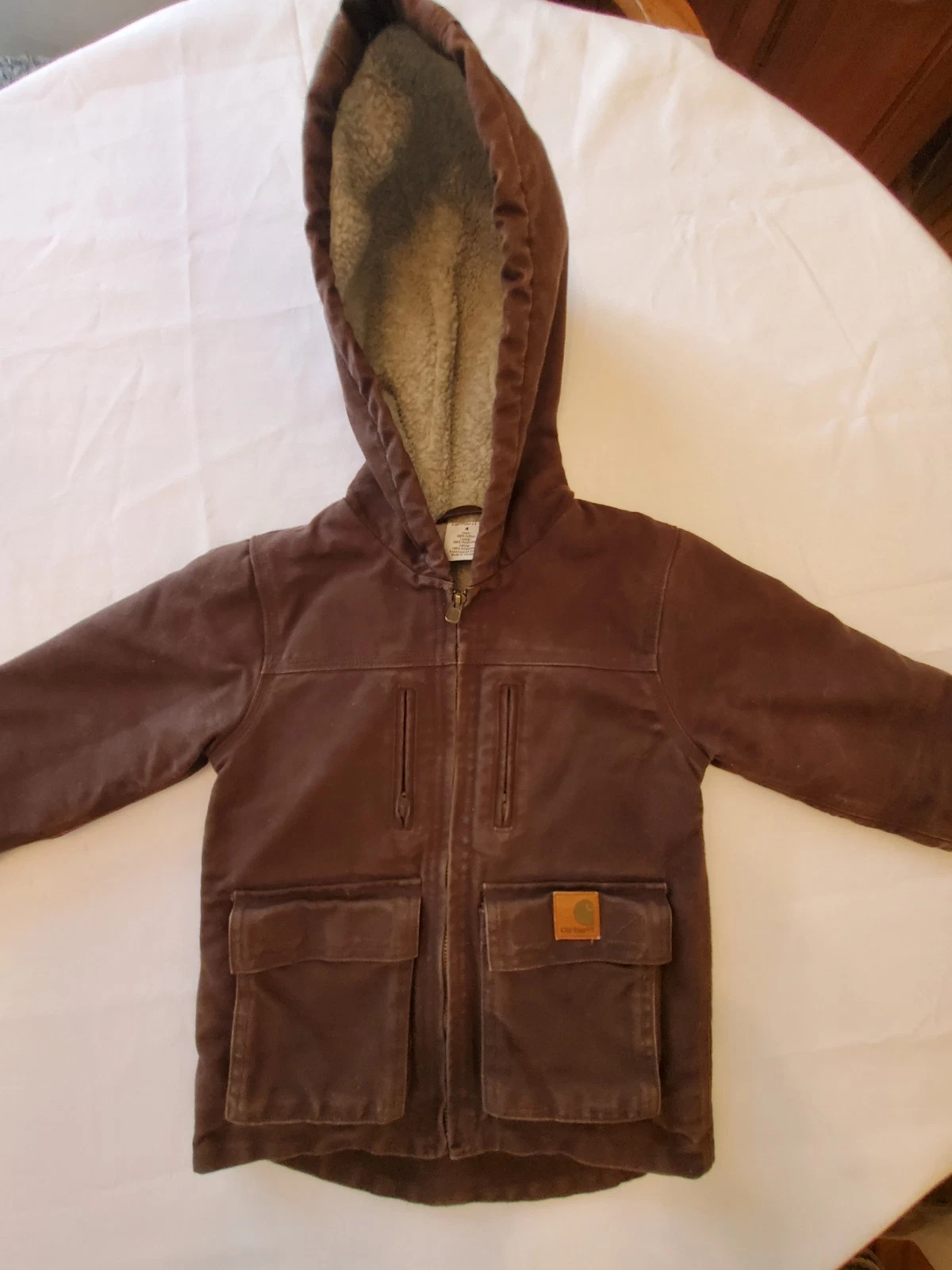 Carhartt Boy's 4 Dark Brown Duck Canvas Sherpa Lined Hooded Zip Up Jacket B18