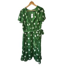 Lane Bryant Green Polka Dot Dress Faux Wrap With Tie Belt Women’s Size 14 NEW